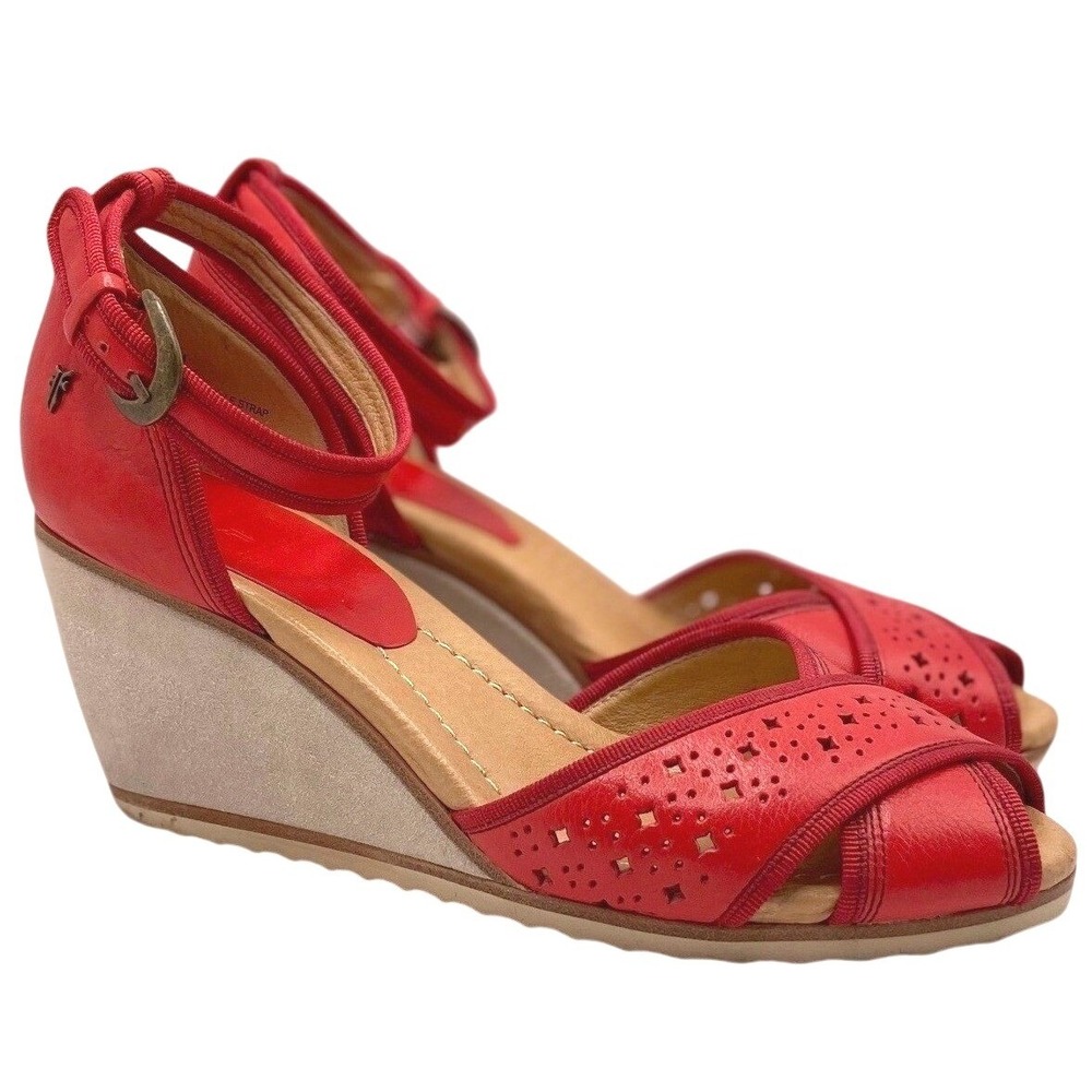 Frye Wanda Ankle Strap Red Leather Wedge Sandals Womens 7M Peep Toe